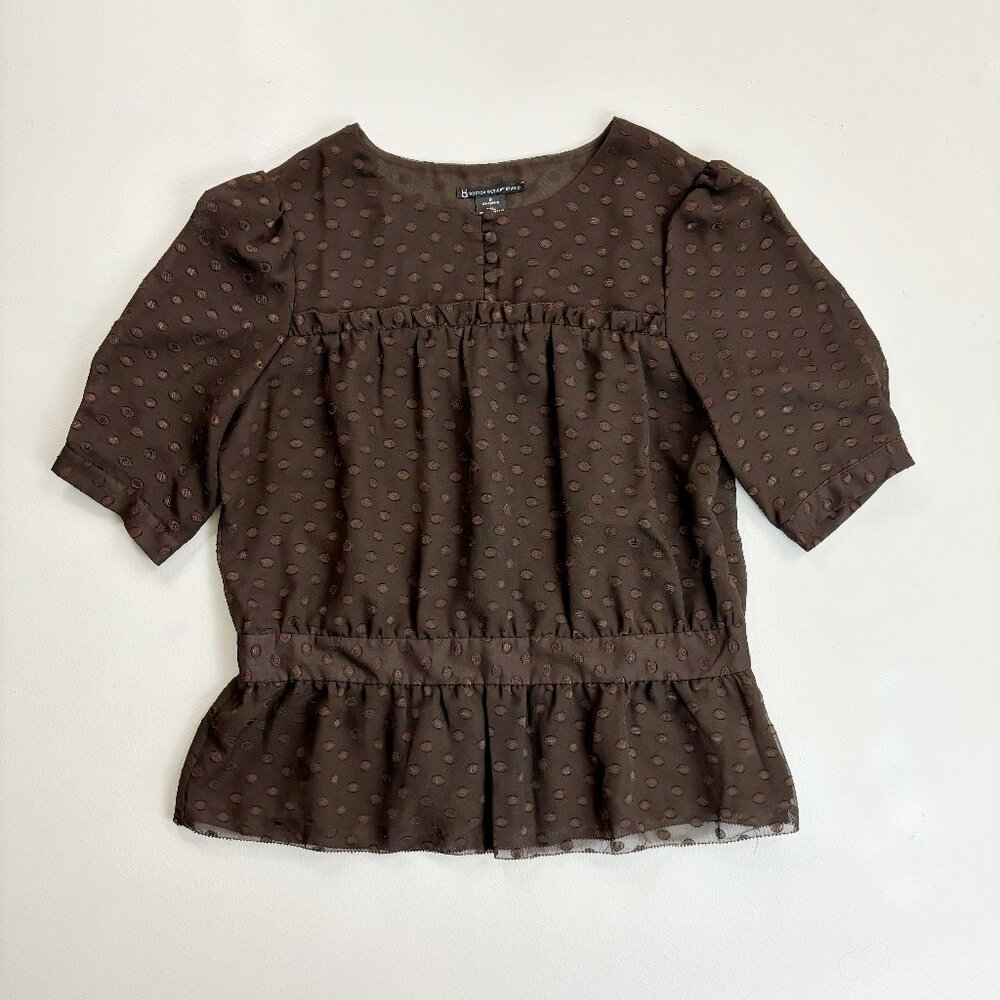 BOSTON DESIGN STUDIO Polka Dot Peplum Peasant Blouse SZ 8 S/S Side Zip Cocoa